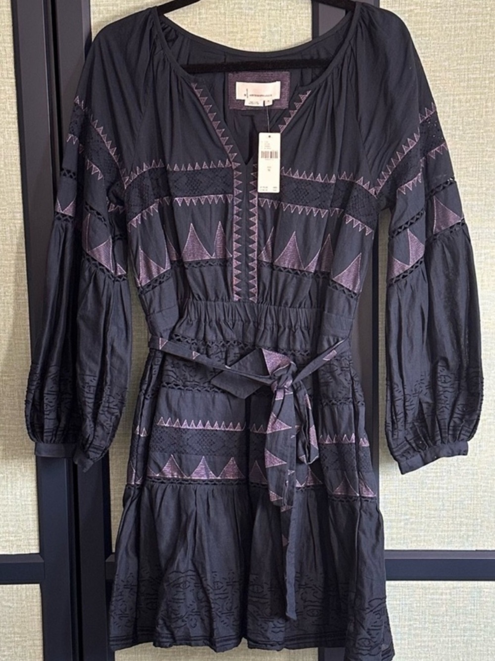 Anthropologie Skye Navy/Purple Embroidered 100% Cotton Mini Dress, NWT, Size M